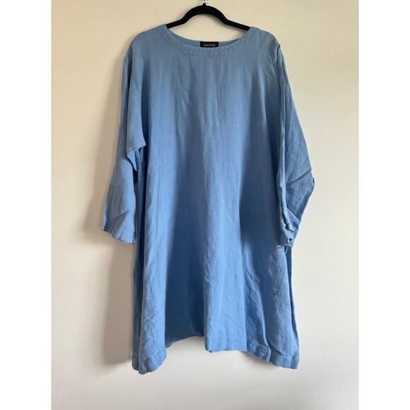 Eskandar Blue Linen Tunic One Size Oversized Relaxed Fit Minimalist lagenlook - Picture 2 of 6